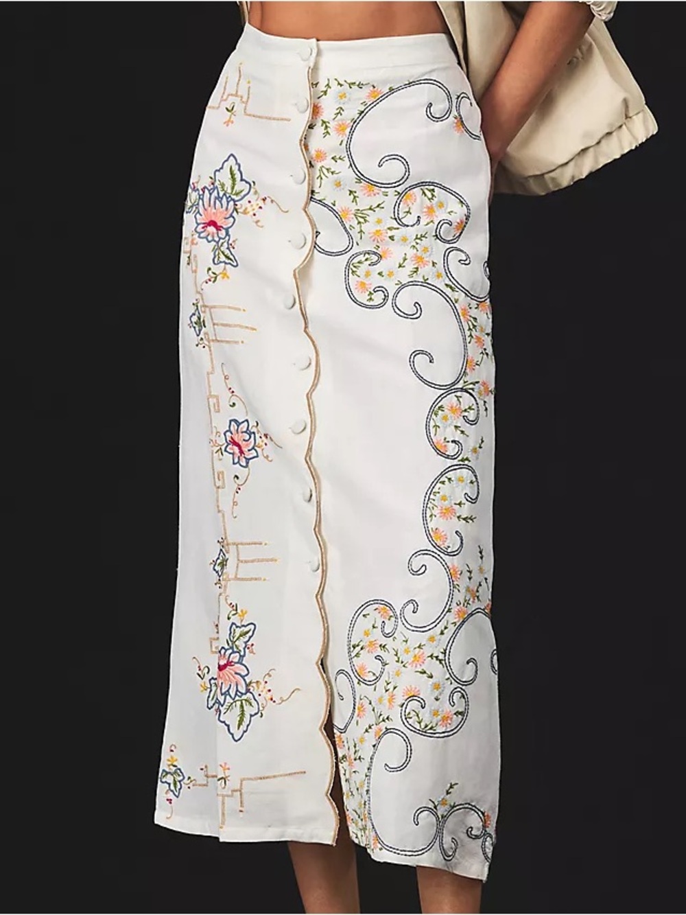 Anthropologie Scalloped Buttondown Skirt Floral Embroidered White Linen Size 8